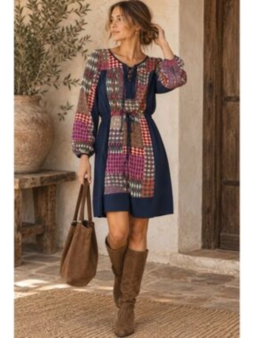 Maeve Anthropologie Patchwork Print Dress Blouson Long Sleeve Peasant Boho